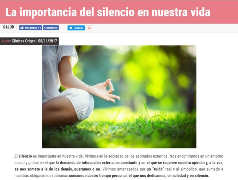 Artículo de revista digital que habla sobre la importancia del silencio. mujer haciendo yoga sentada en el cesped